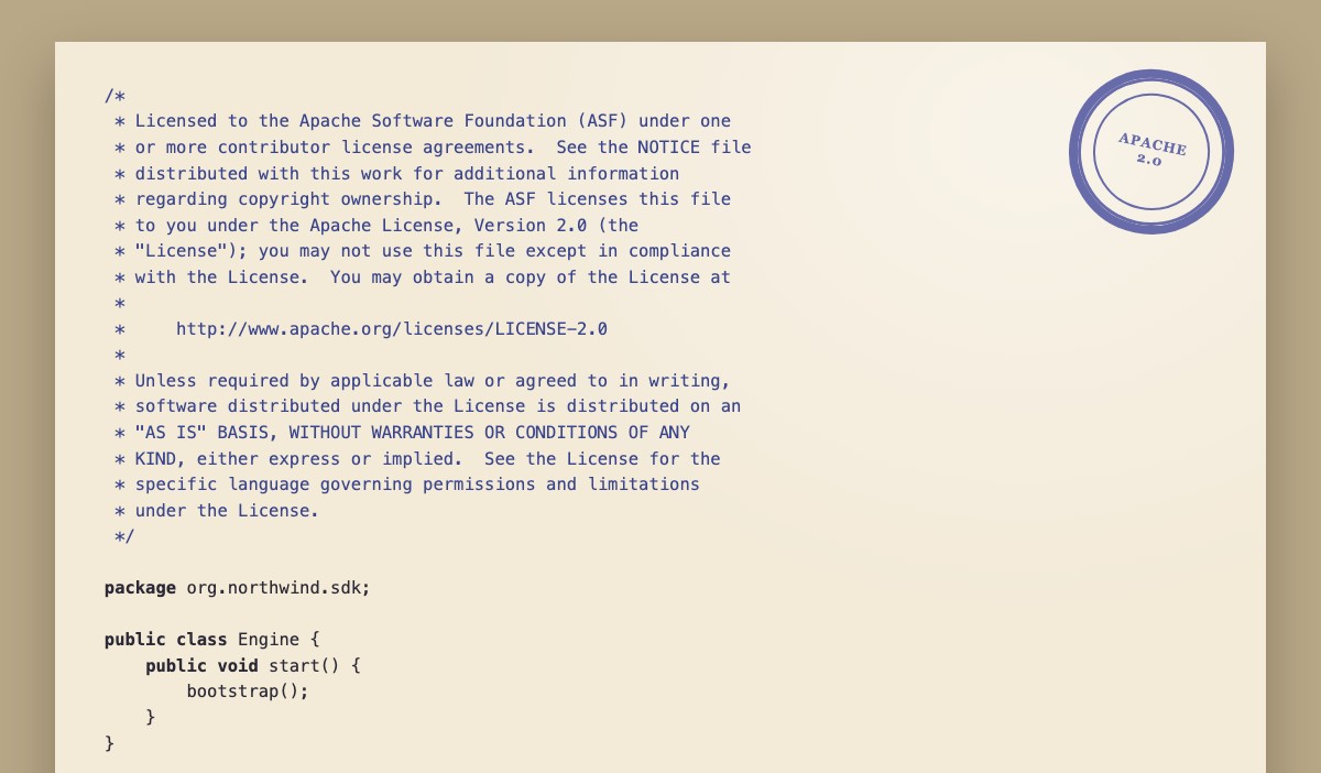 Source listing that begins with an Apache 2.0 license header